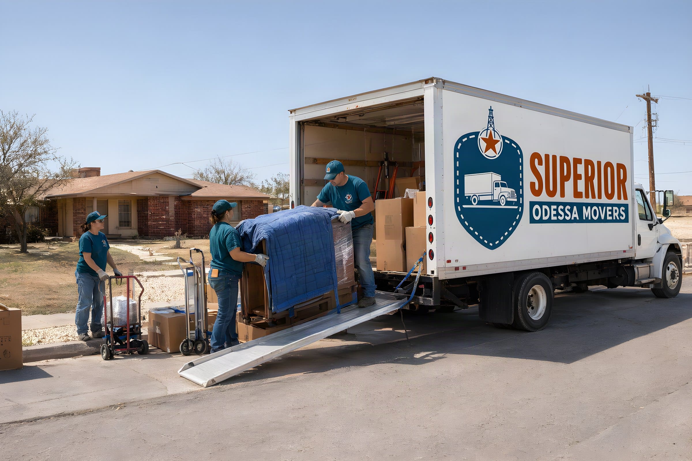 Our crew rolling a blanket-wrapped dresser up the ramp into our box truck outside an Odessa brick ranch house