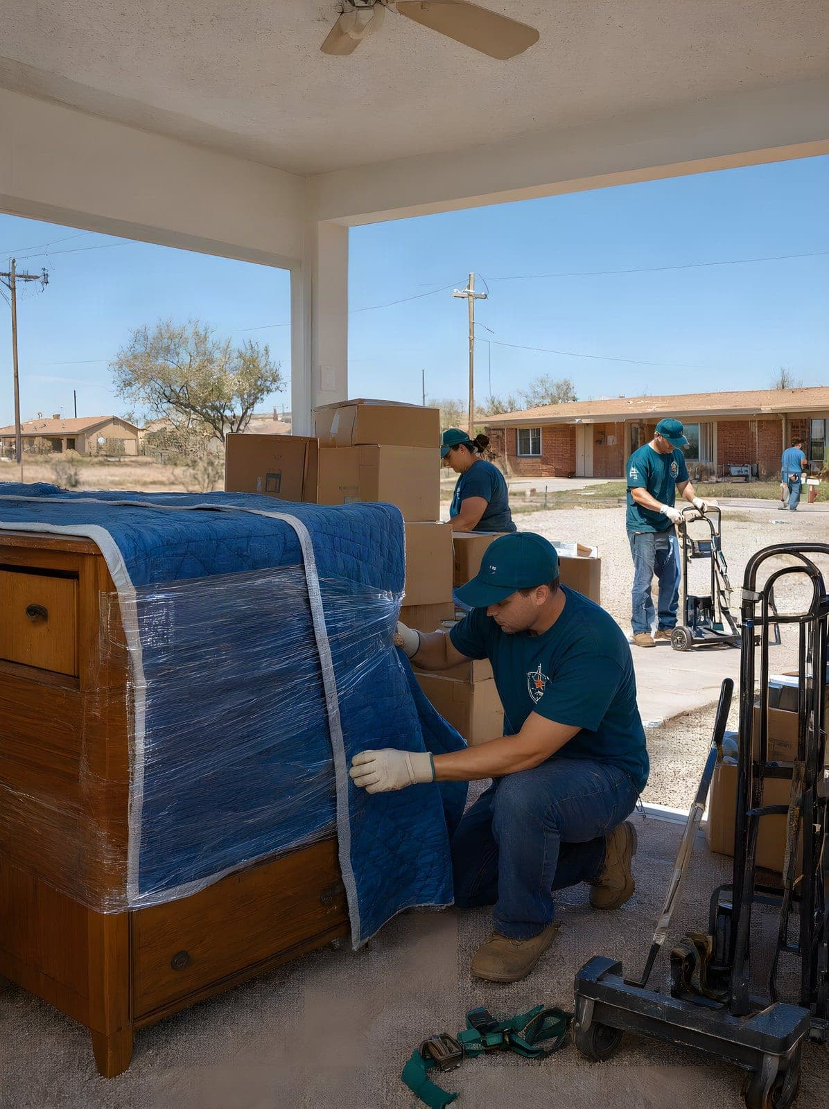A mover wrapping a wooden dresser in a quilted moving blanket and shrink wrap