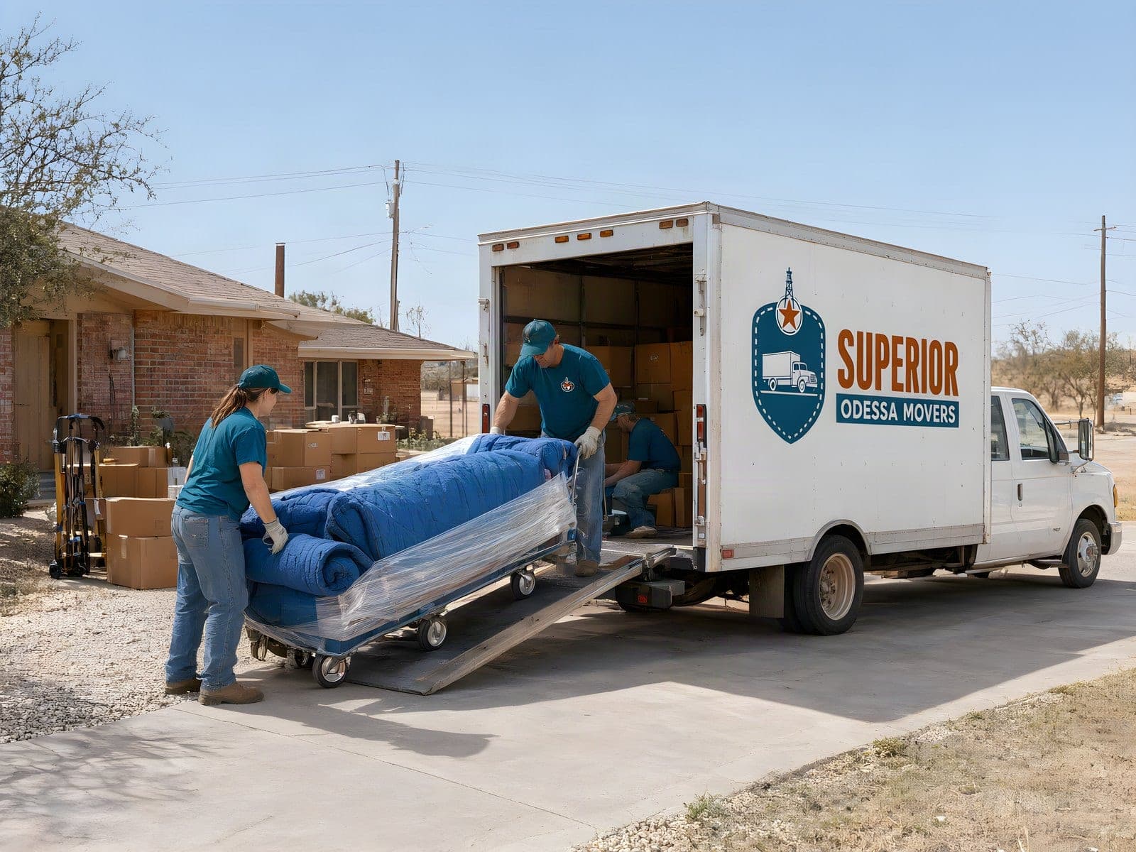Two of our movers rolling a shrink-wrapped sofa up the ramp into the truck in an Odessa driveway