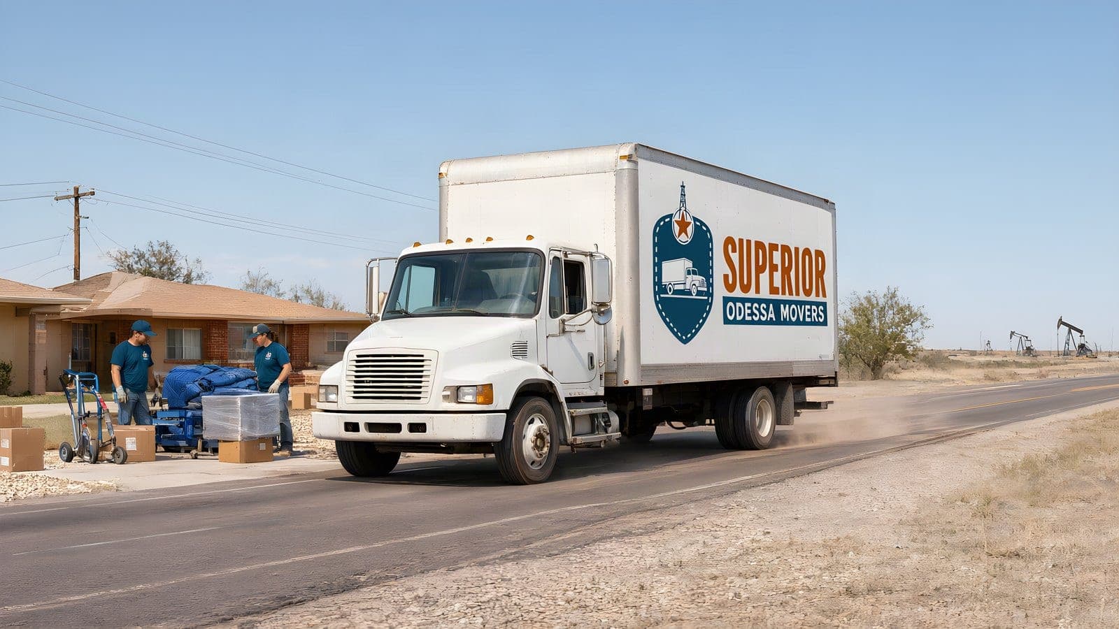 Our loaded box truck heading out on a West Texas highway past oil pumpjacks